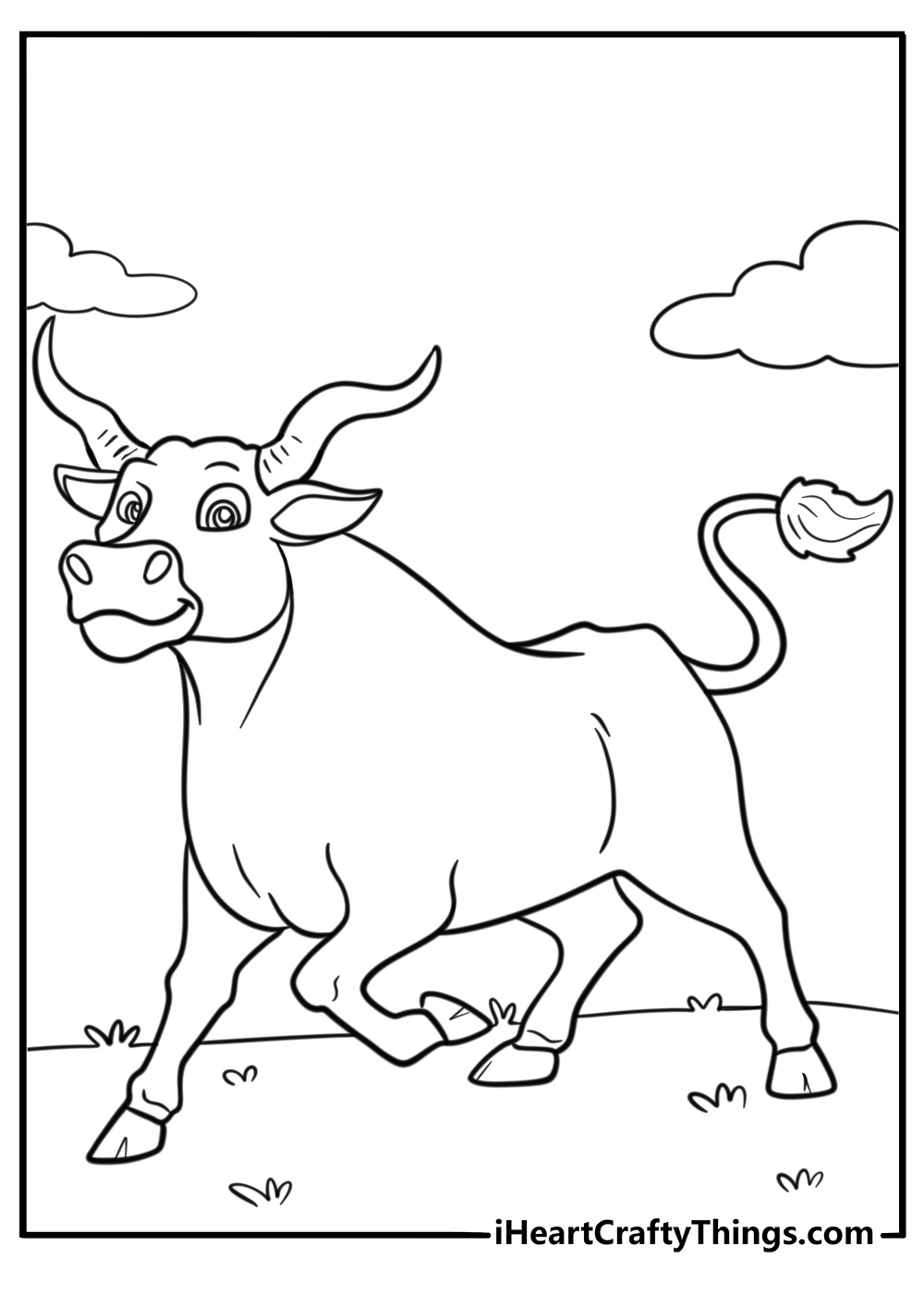 Bull with curved horns walking in a pasture coloring page