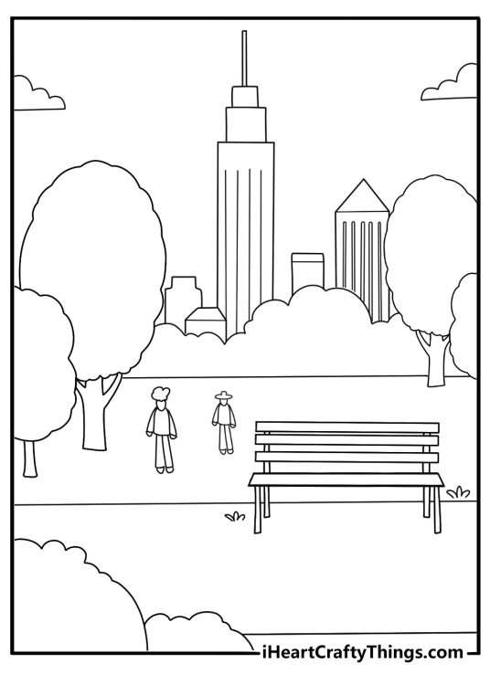 busy city park with benches trees and people walking coloring sheet