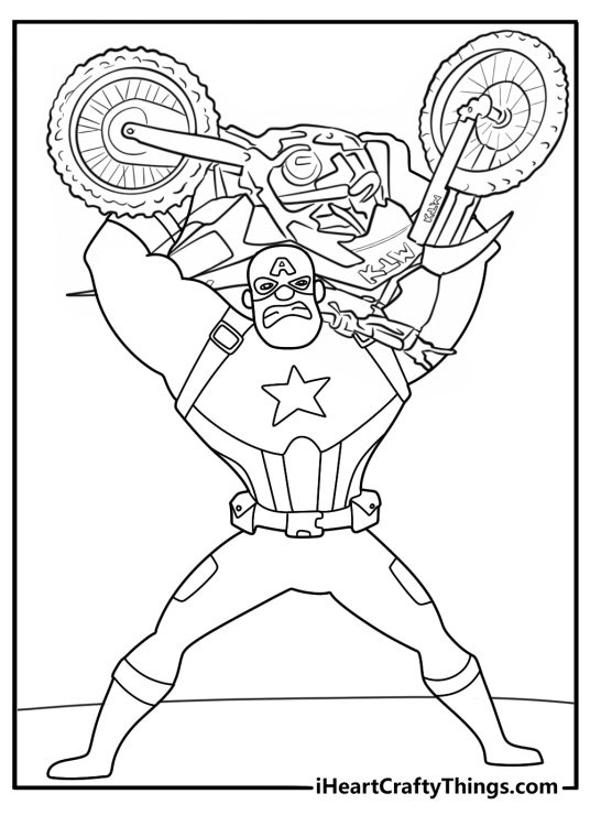 captain america coloring sheet lifting a motorcycle showing super strength detailed for adults