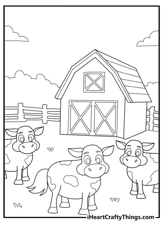cartoon barn with farm animals standing nearby easy coloring sheet