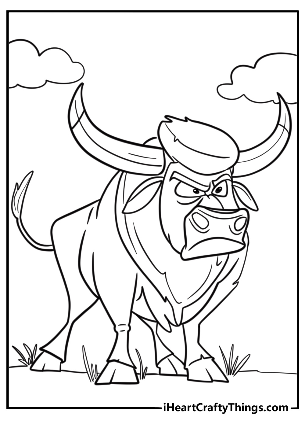 Cartoon bull with large horns printable coloring sheet