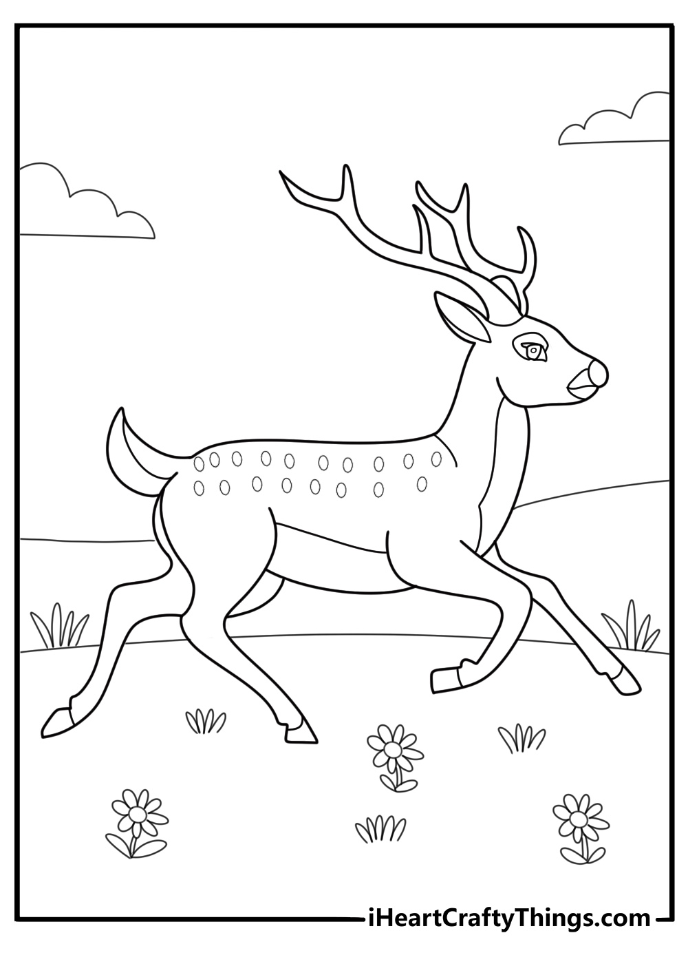 cartoon deer running across a meadow coloring sheet