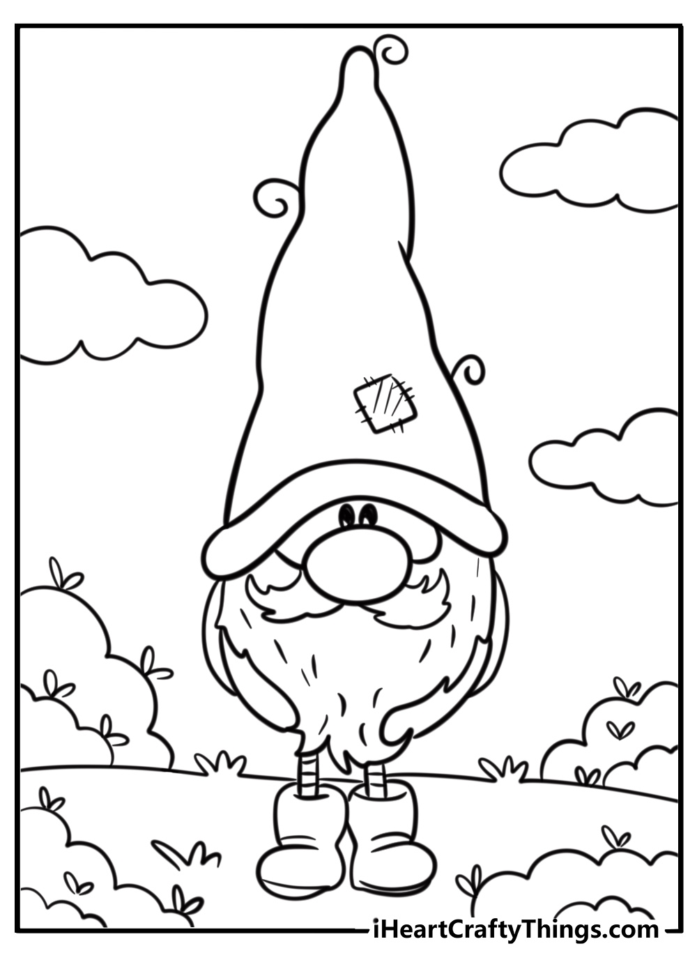 Cartoon gnome with a funny hat free coloring page pdf