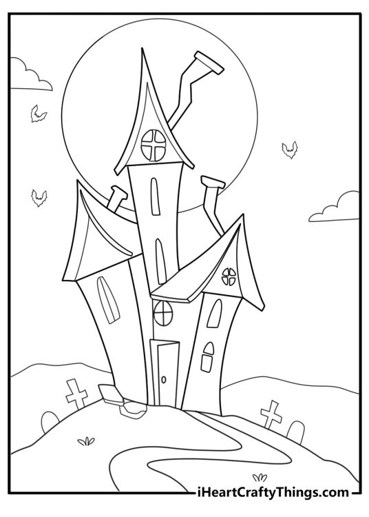 cartoon haunted house with crooked doors easy coloring sheet for kids