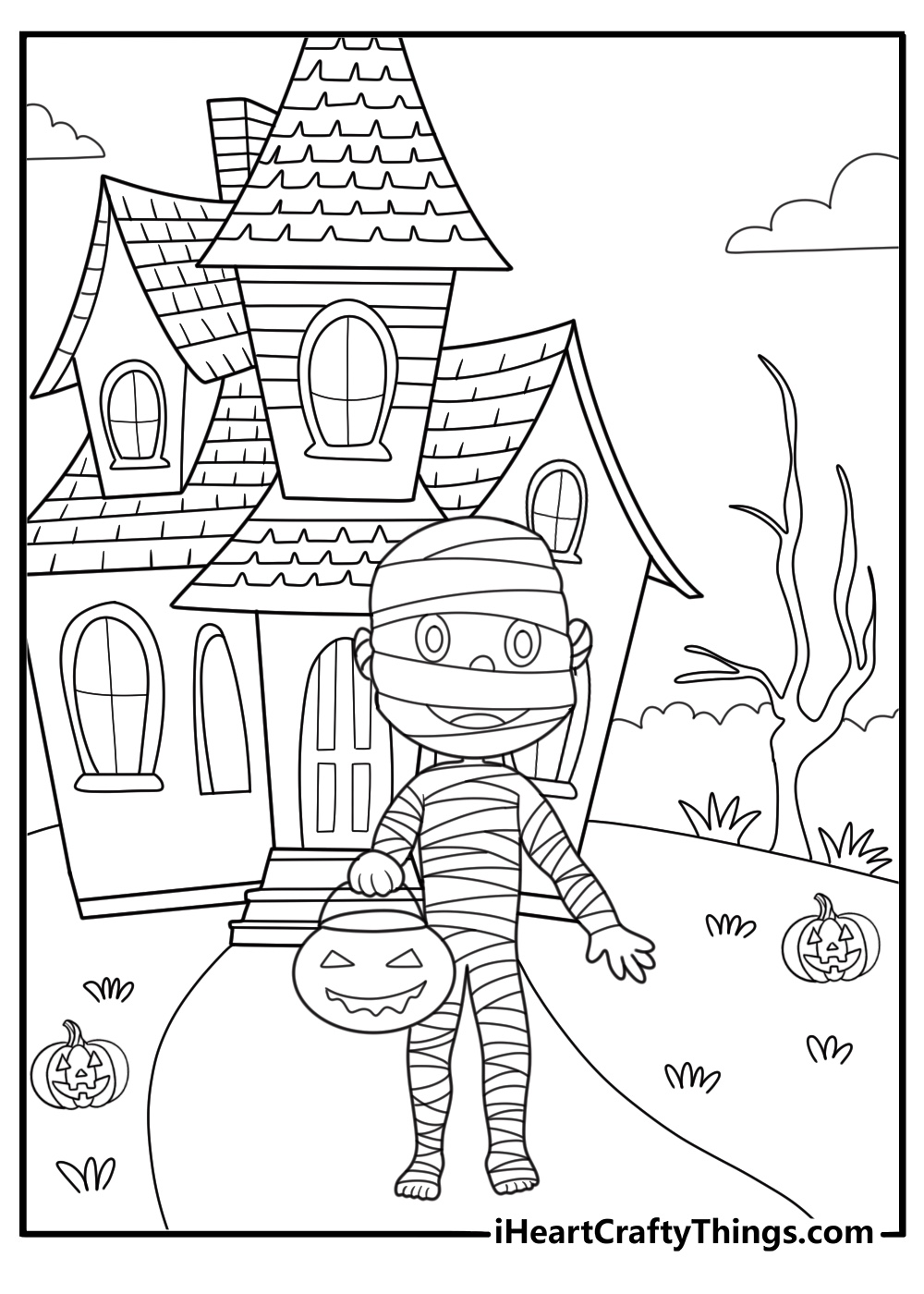 cartoon mummy child walking with a treat bag coloring page