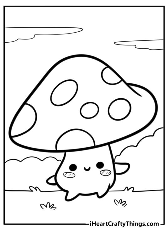 Printable coloring image of a cartoony mushroom with clouds and bushes in the backround