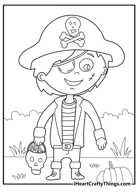 cartoon pirate child trick or treating with skull bucket coloring page