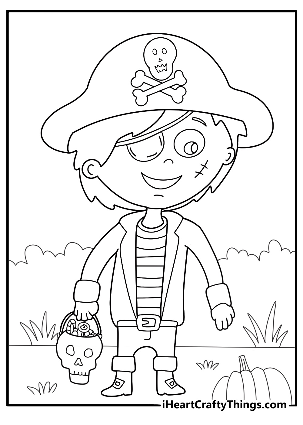 cartoon pirate child trick or treating with skull bucket coloring page