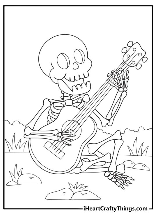 cartoon skeleton playing guitar fun coloring sheet