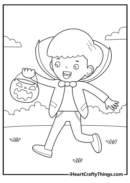 cartoon vampire child trick or treating with candy bag coloring sheet