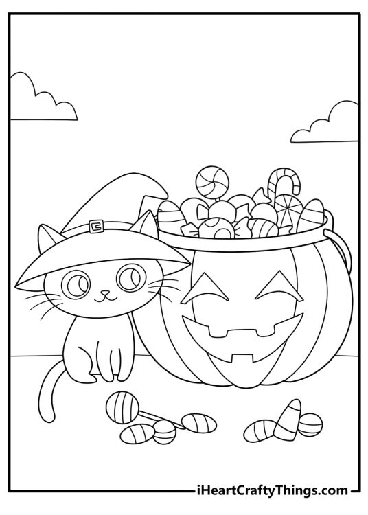 cartoon witch cat with trick or treat bag full of sweets coloring sheet