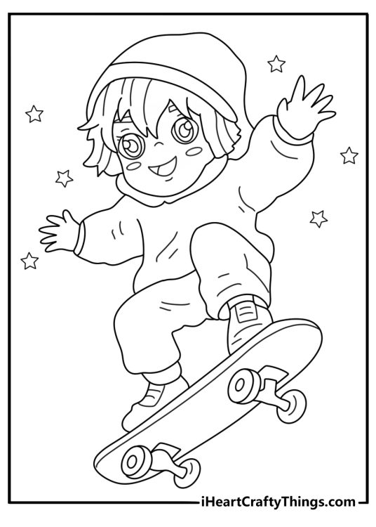 chibi skateboard character coloring page