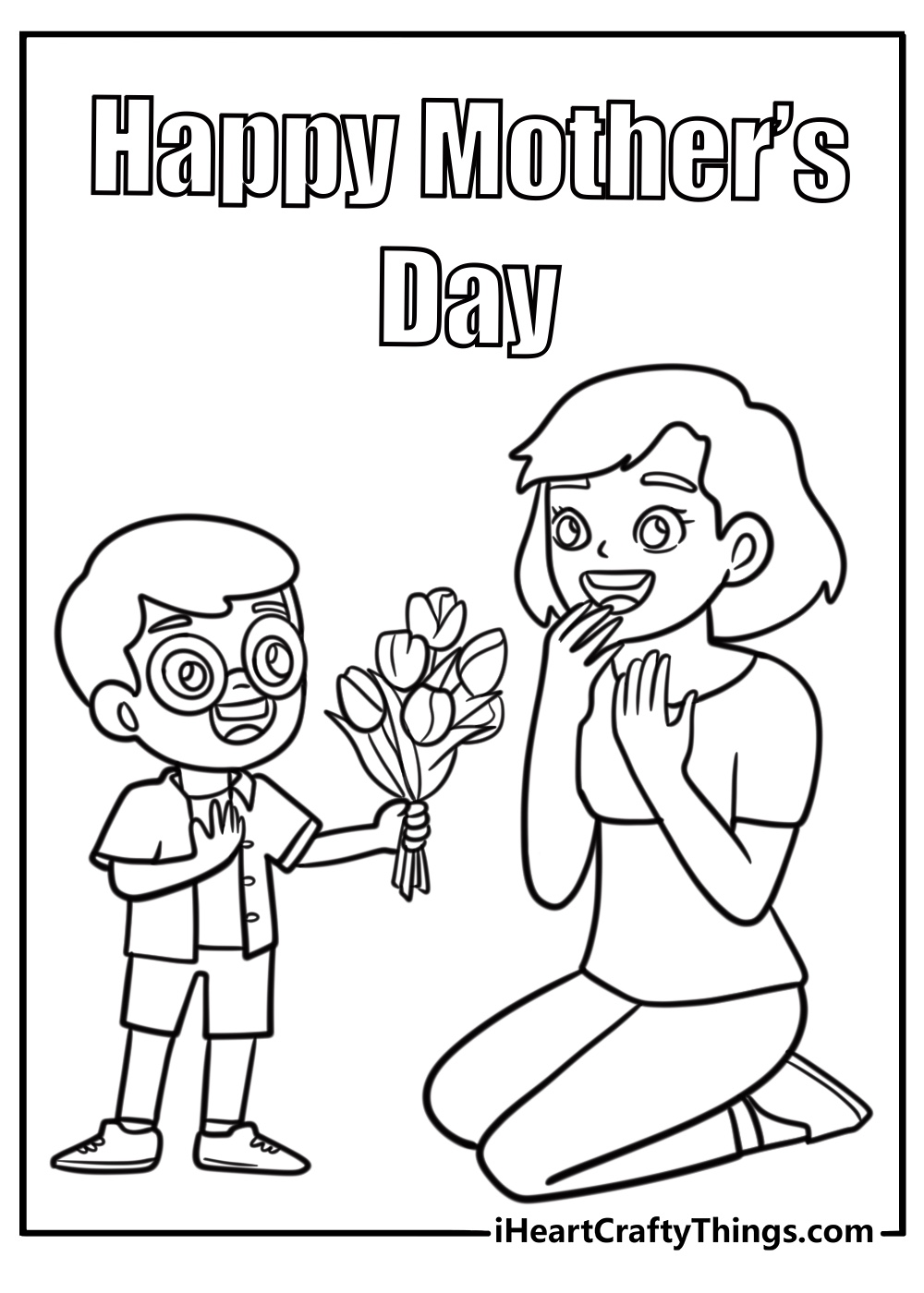Children holding flowers for mothers day coloring sheet