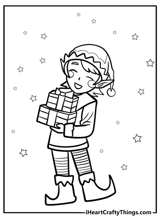 Christmas Elves-themed picture featuring happy elf holding two gift boxes with stars all around him