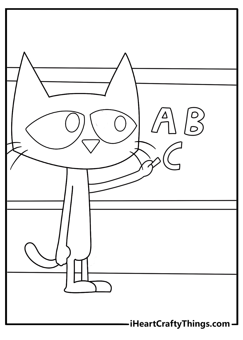 classroom coloring page for kids pete the cat writing abc on a chalkboard free printable pdf