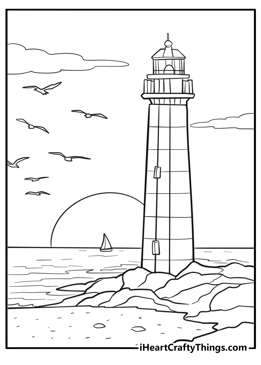 Coastal lighthouse on a sandy shore with seagulls printable page