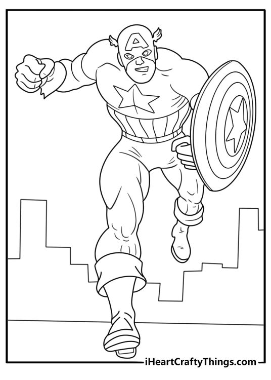 comic style captain america coloring page crouching low behind shield ready to charge