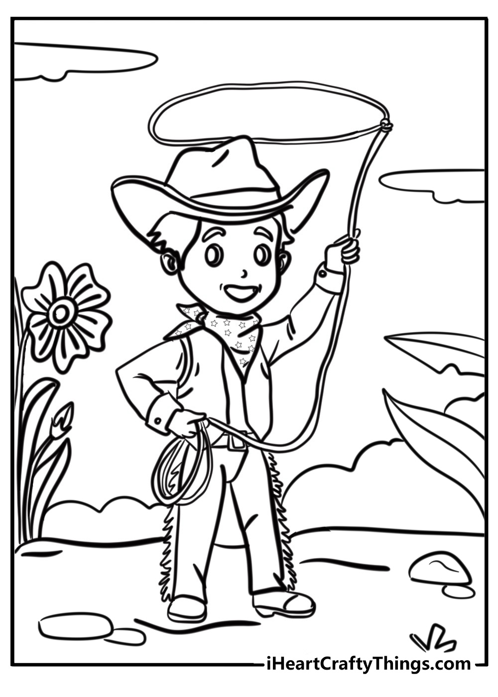 Cowboy holding a lasso detailed coloring sheet