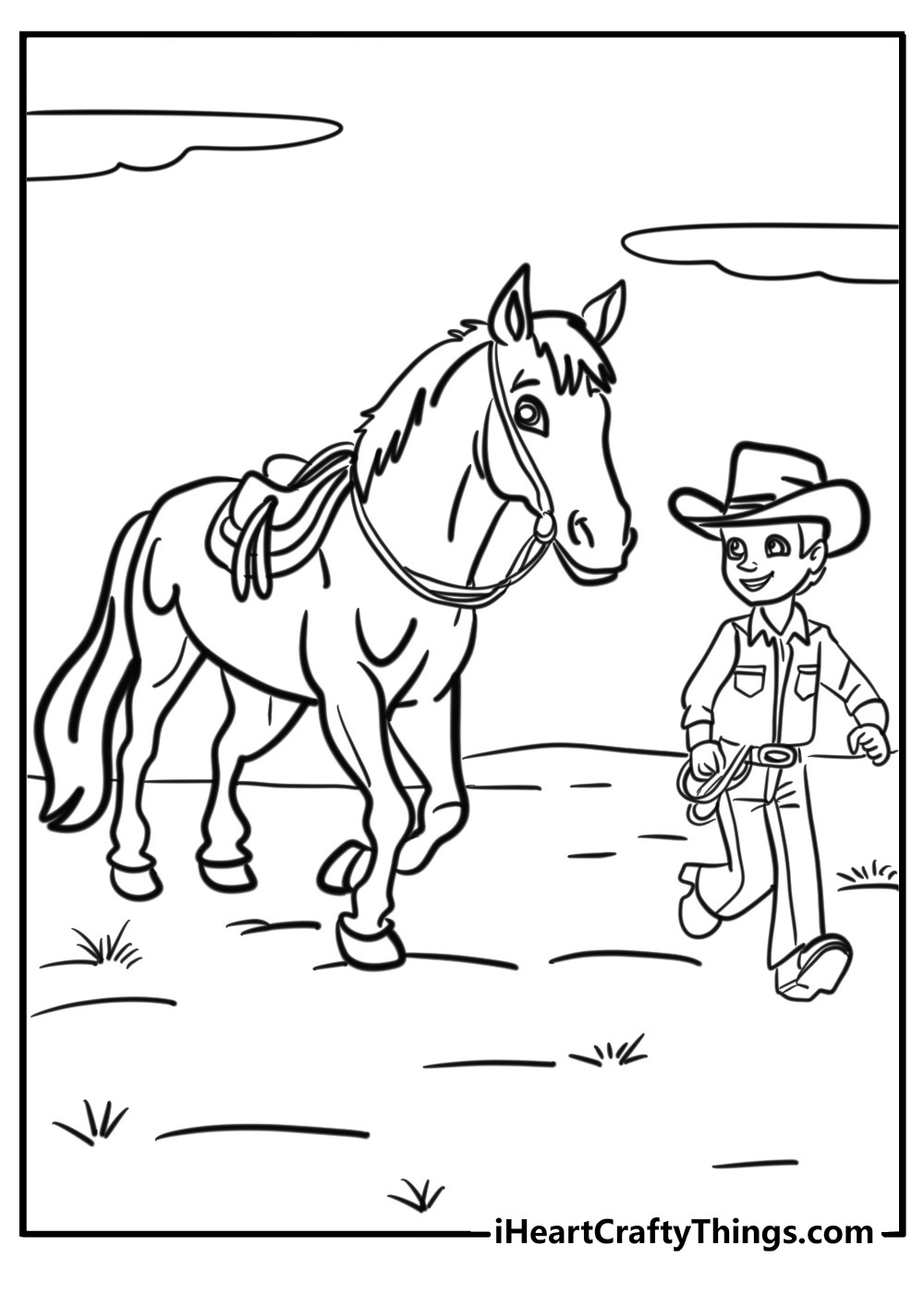 Cowboy on a horse in the desert free printable coloring page