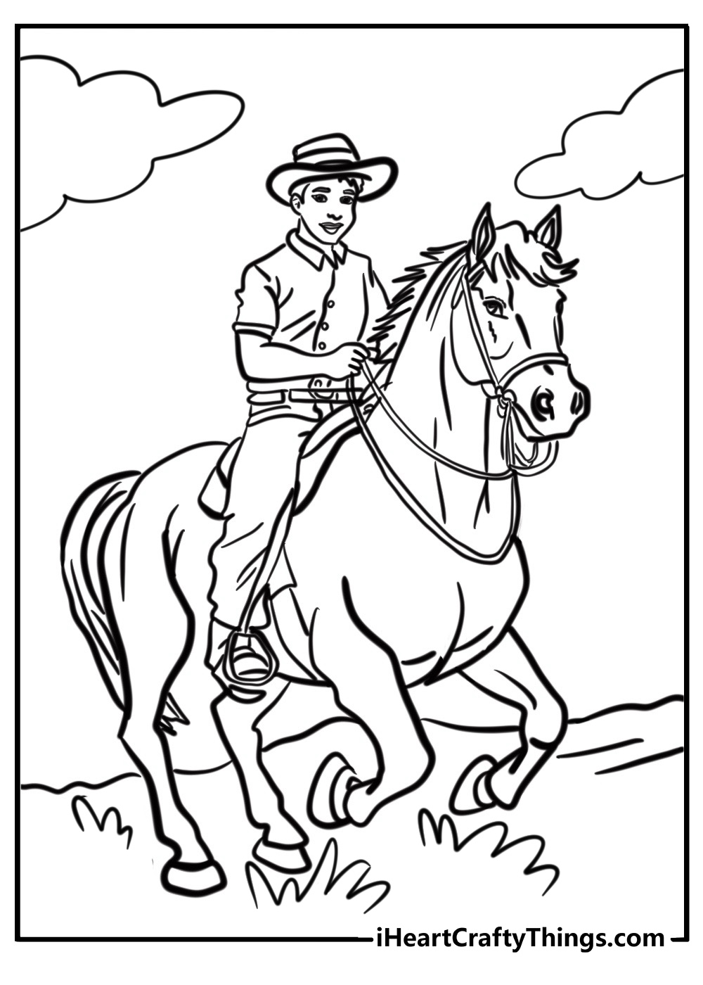 Cowboy riding a horse coloring page for kids