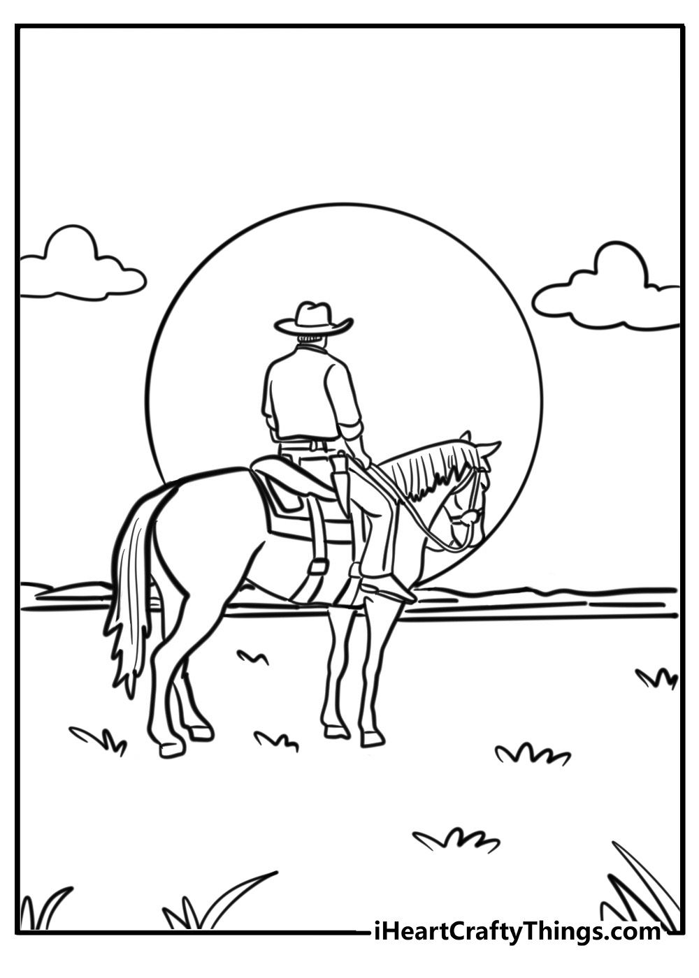 Cowboy riding into the sunset printable coloring page