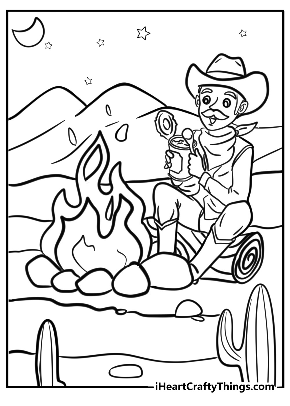 Cowboy sitting by a campfire coloring sheet for kids