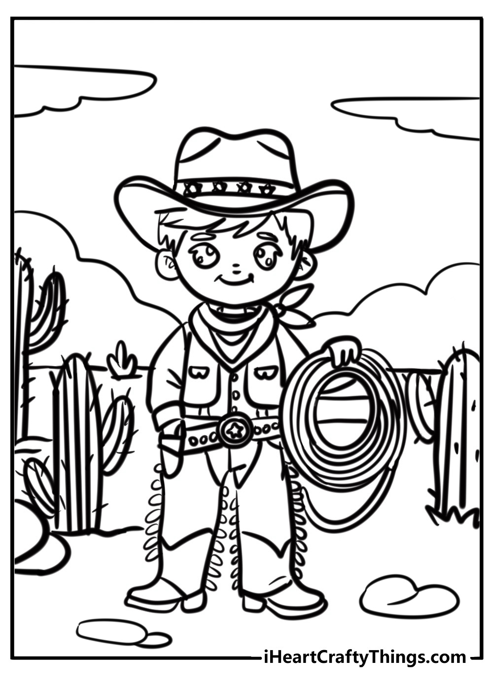 Cowboy standing next to a cactus printable coloring sheet 