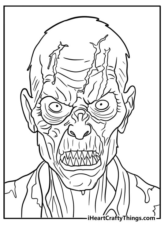 Creepy zombie with rotting skin and sharp teeth