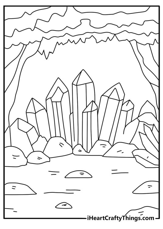 crystal cave fantasy coloring page glowing crystals and underground lake kawaii style for kids