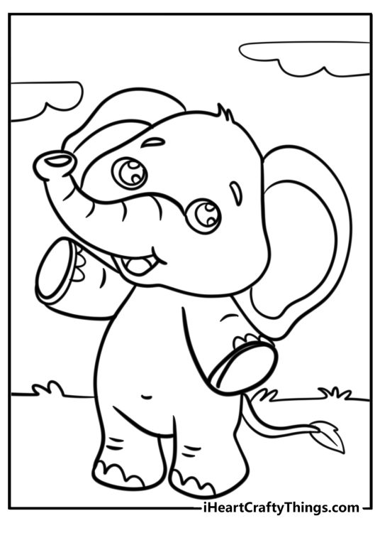 Free coloring picture for children of a cute cartoony elephant standing on his hind legs