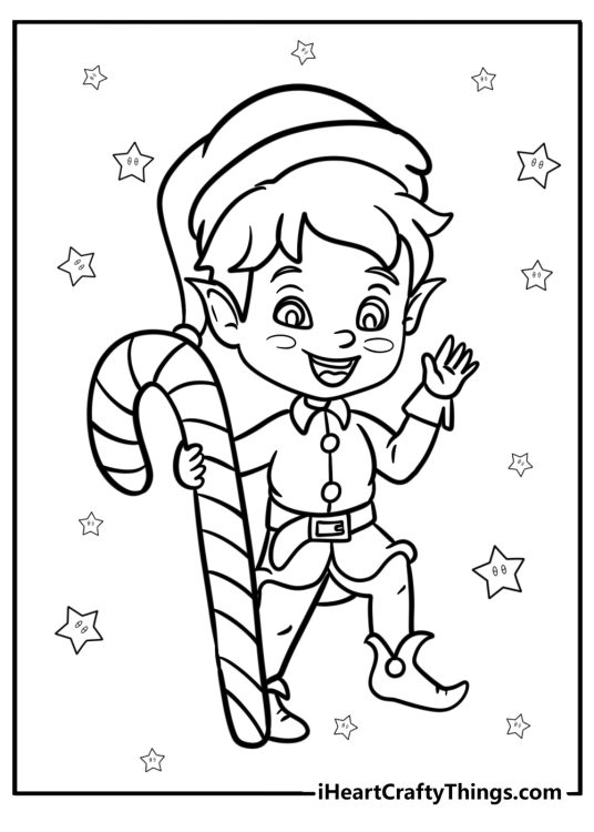 Christmas Elves coloring image featuring happy elf holding a huge candy cane and waving to us