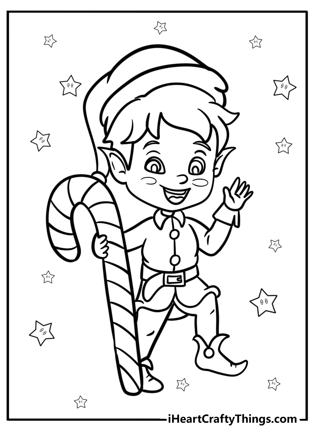 Cute elf with a candy cane coloring sheet