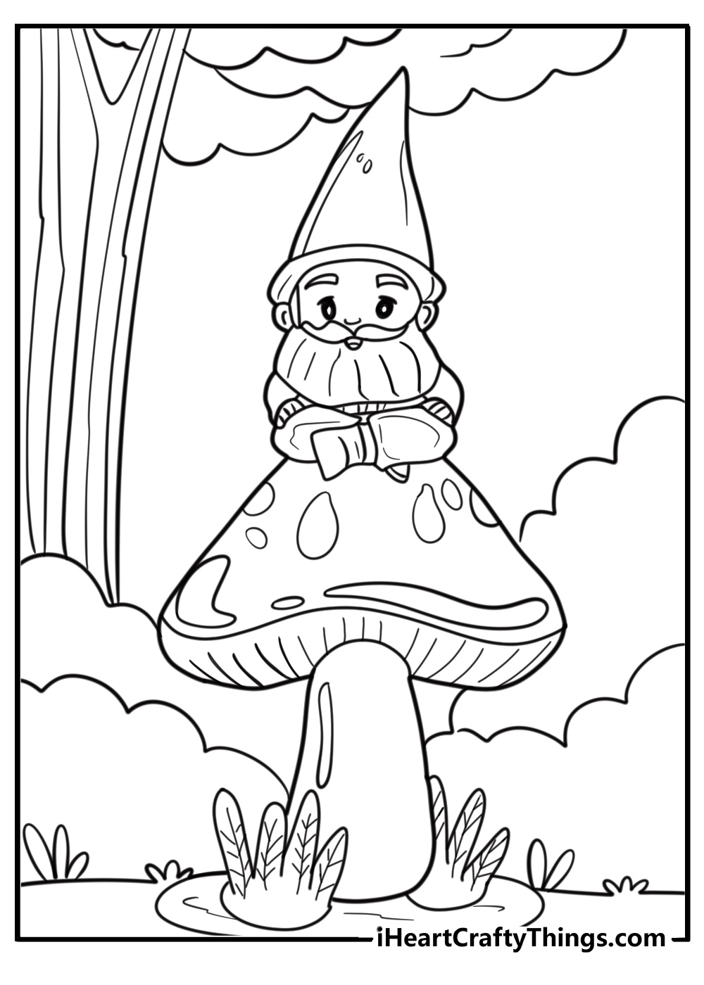 Cute gnome sitting on a mushroom free coloring page pdf