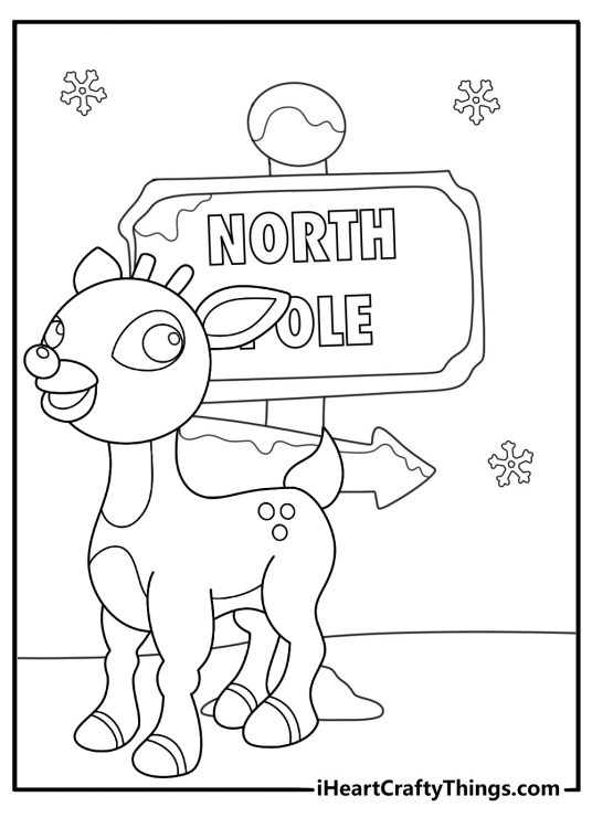 cute kawaii rudolph coloring page standing by north pole sign with gentle snowflakes