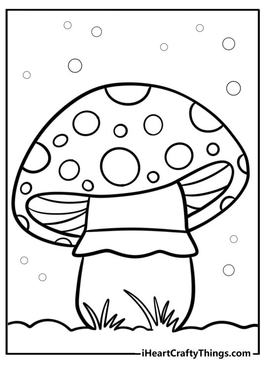 Free printable featuring cute mushroom with polka dots on the cap and small circles in the background