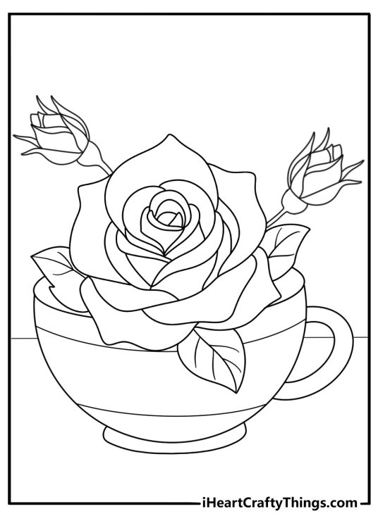 cute rose coloring page with a teacup filled with roses