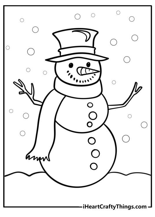 Printable illustration for children presenting tall snowman wearing long scarf and hat