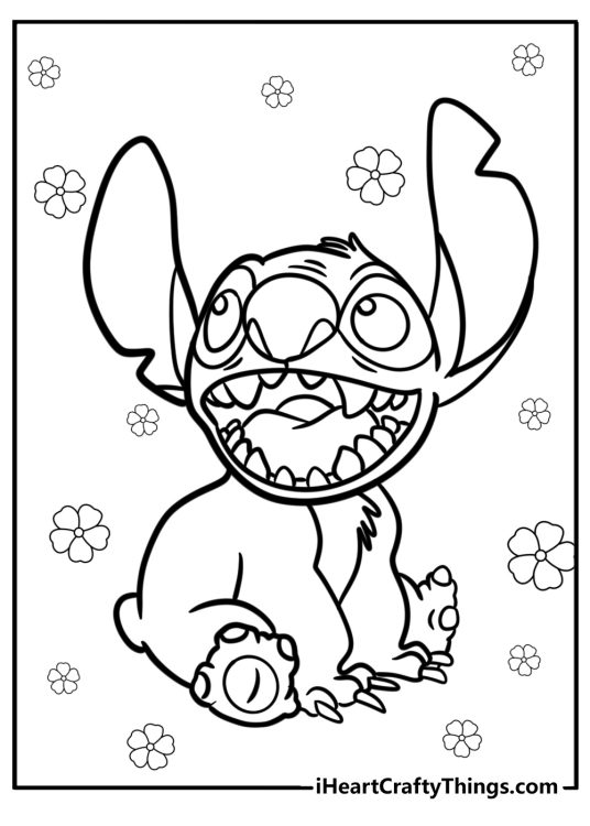 Lilo and Stitch picture for kids featuring cute-looking Stitch sitting surrounded by flowers