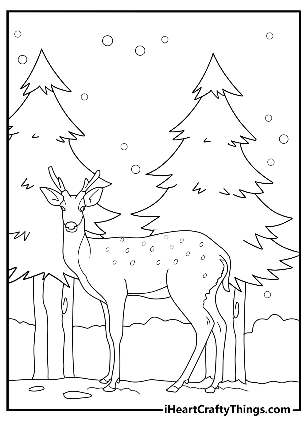 deer standing near pine trees in winter snow scene coloring sheet