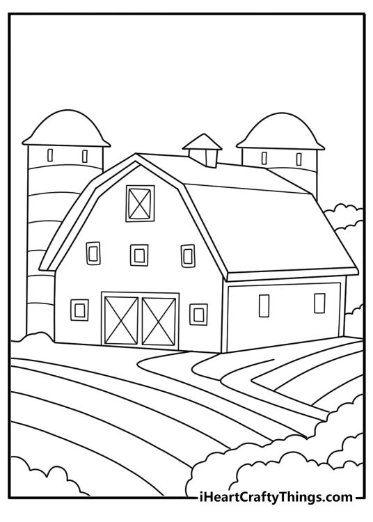 detailed barn in the middle of a field with crops surrounding it coloring page