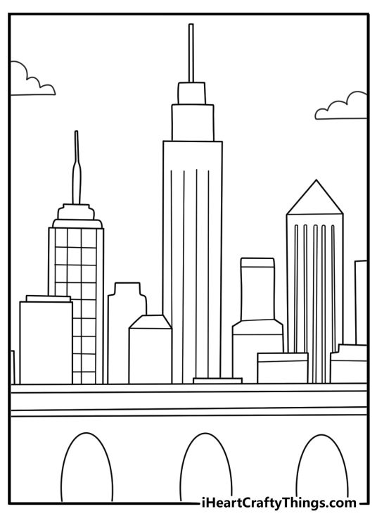 detailed city bridge over a river with tall buildings in the background coloring sheet