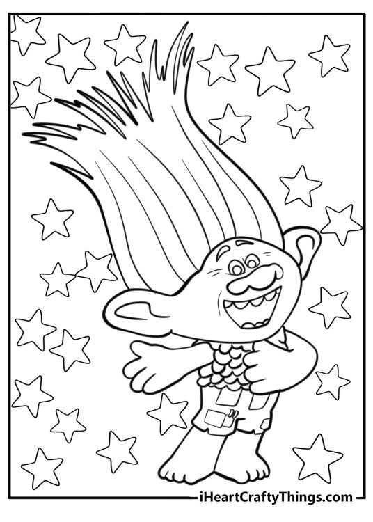 Troll-themed printable picture featuring Branch singing happily surrounded by stars