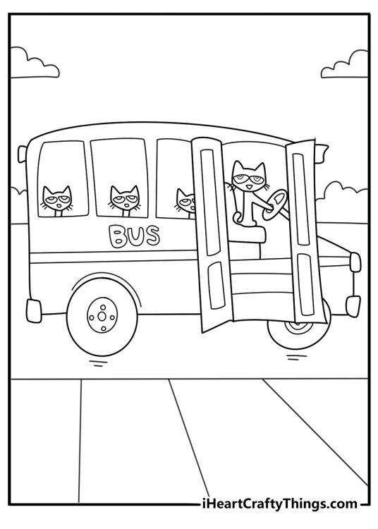 detailed coloring page of pete the cat driving a school bus for kids printable pdf