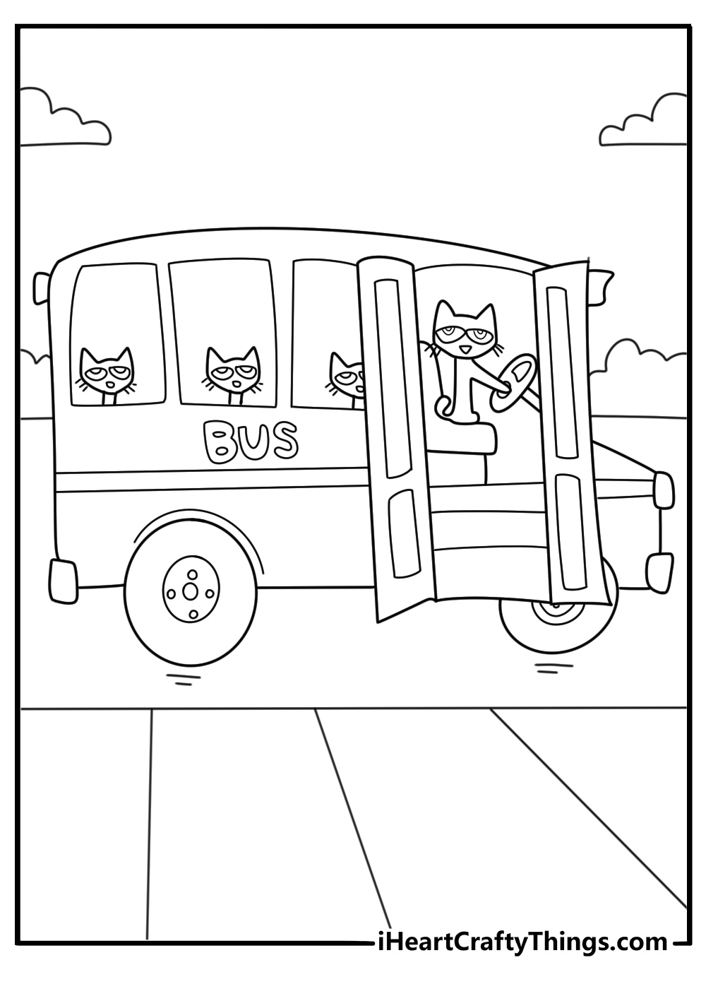 detailed coloring page of pete the cat driving a school bus for kids printable pdf