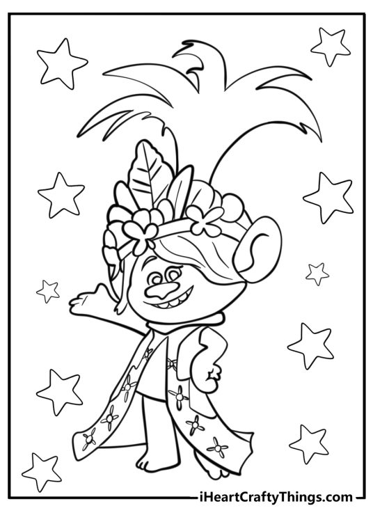 Troll-themed printable page featuring happy Poppy posing proudly with a flowery crown surrounded by stars