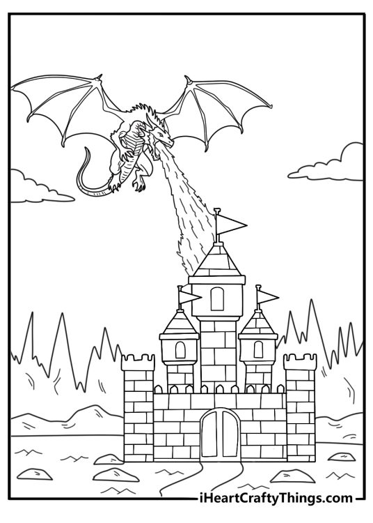 detailed dragon coloring page breathing fire over stone castle printable pdf