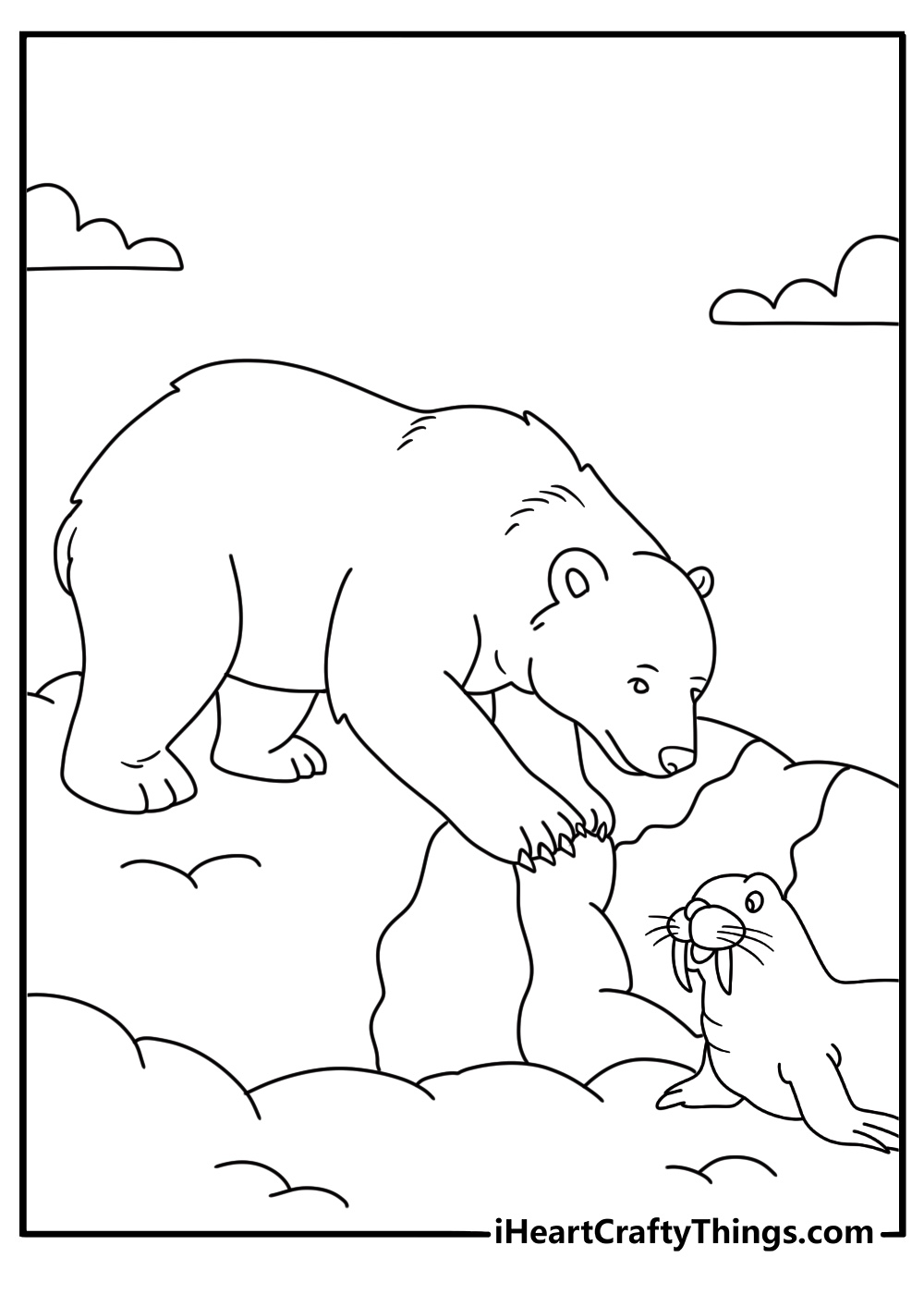 detailed polar bear coloring page showing a bear searching for seals beneath the snow