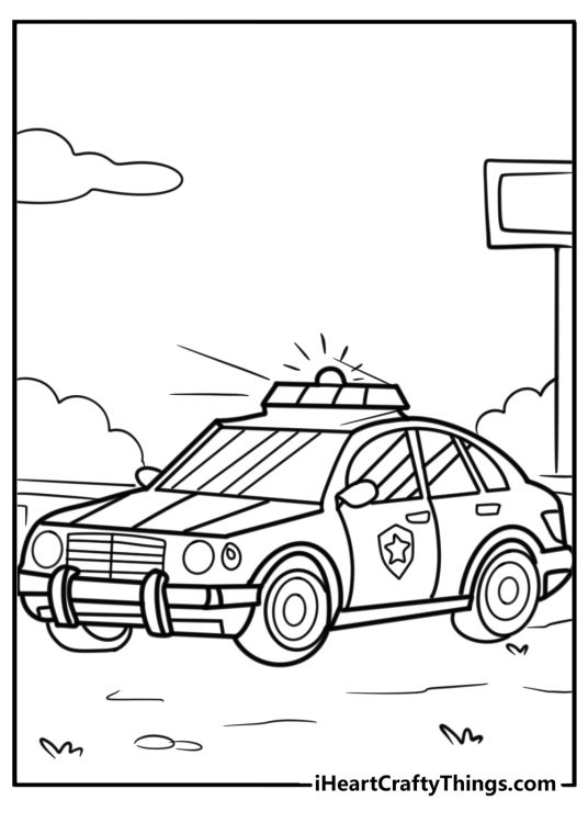 Detailed police car with sirens fun printable coloring sheet