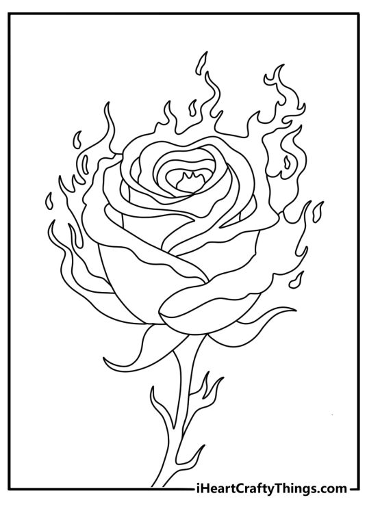 detailed printable image depicting flames dancing around the petals of big beautiful rose