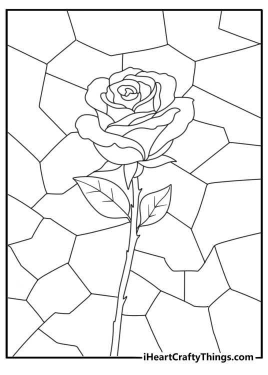 detailed rose coloring page for adults with stained glass petal shapes